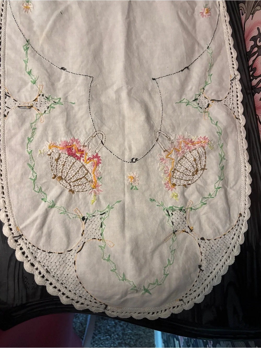 Vintage Embroidered Linen Table Runner - Cream with Pastel Floral Details